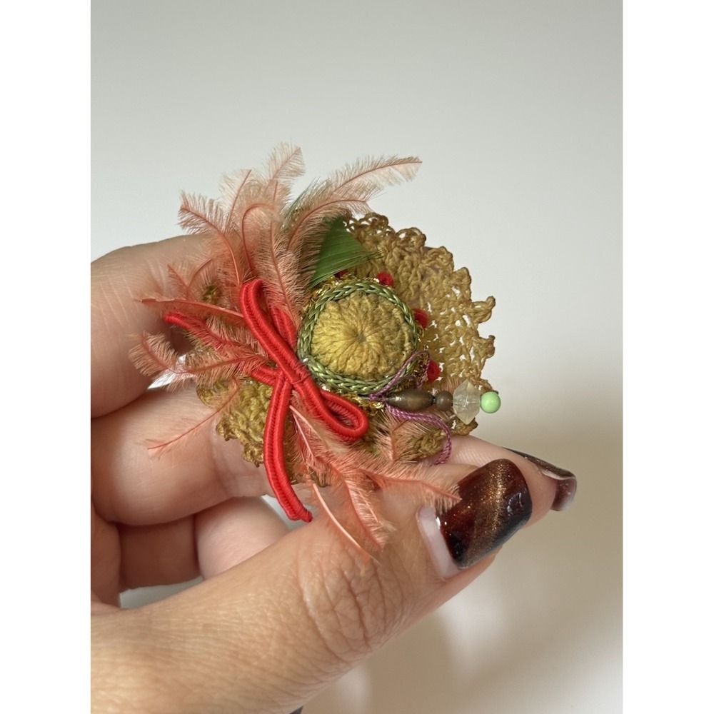 Vintage Dollhouse Miniature Artisan Hat Bonnet Feathers Crochet Beads